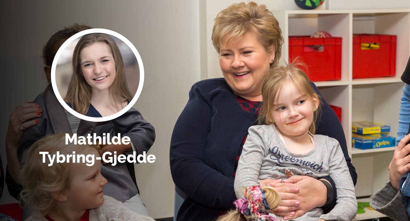 Erna Solberg med barn på fanget. Mathilde Tybring_gjedde innfelt.